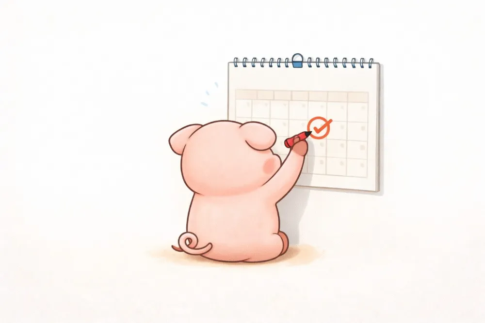 ブタがカレンダーに〇をつけている